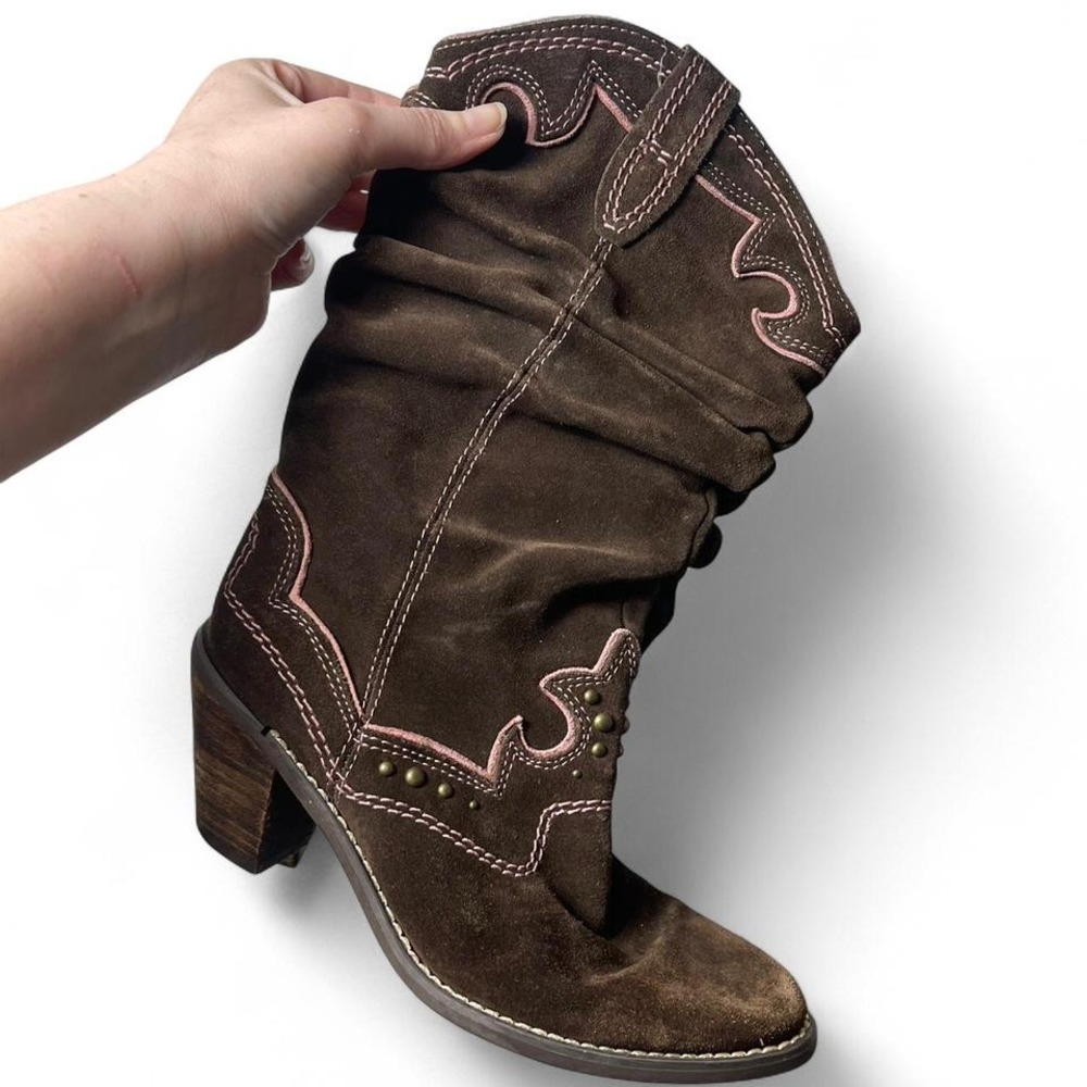 Brown faux (?)suede cowboy boots with pink stitching and scrunch detailing